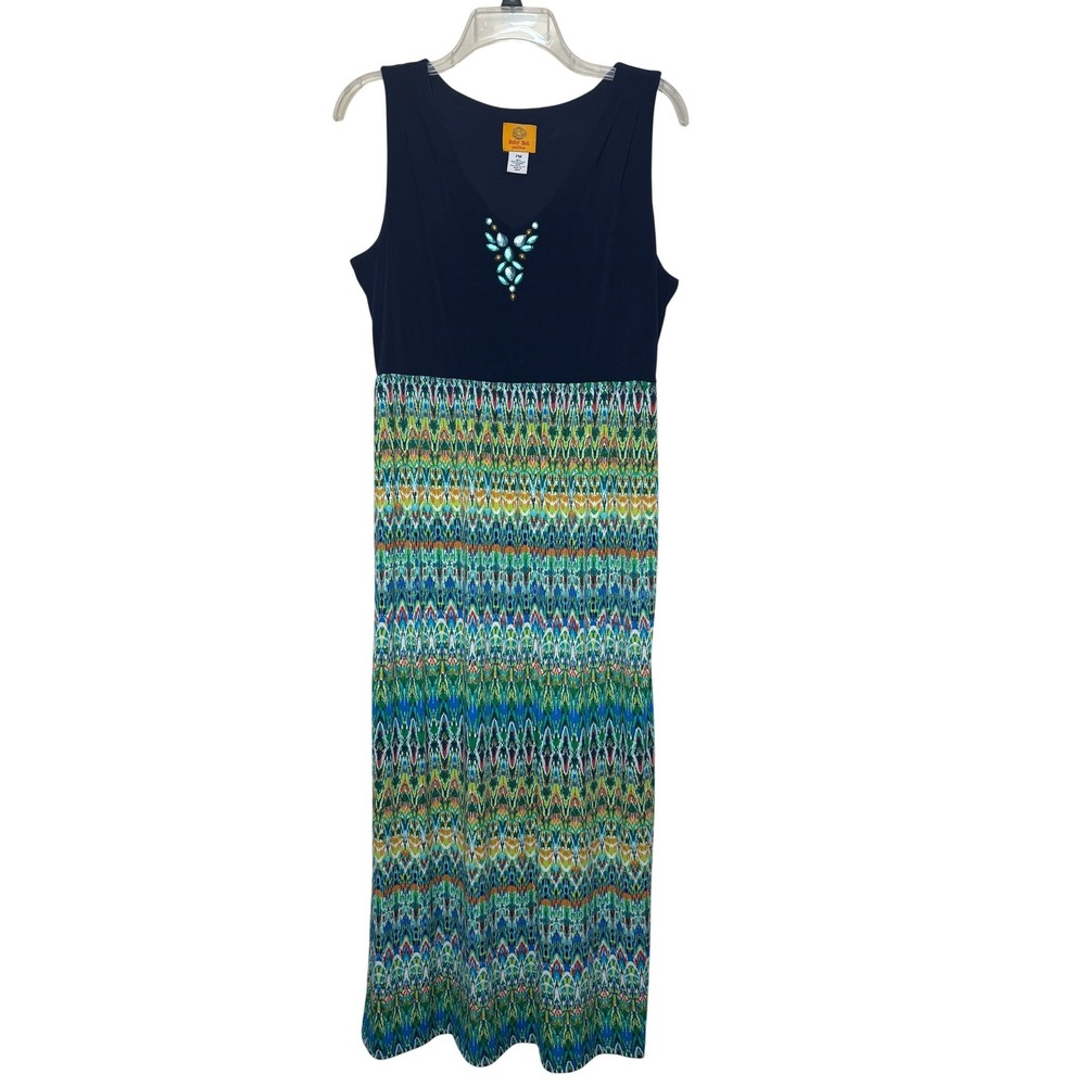 Ruby Rd Petite PM Navy Blue Embellished Abstract Print Maxi Dress Excellent